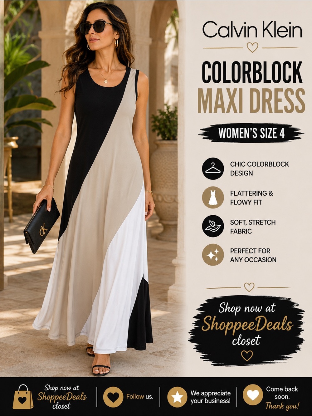 Calvin Klein Colorblock Maxi Dress Black Beige White – Women’s Size 4